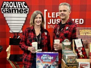 Jeff & Stacey in the booth at Gamehole Con 2024.